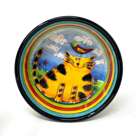 2005 MARY NAYLOR DESIGNS 6" Handpainted Cat Pet Food Bowl Birds Decorative - Picture 4 of 9
